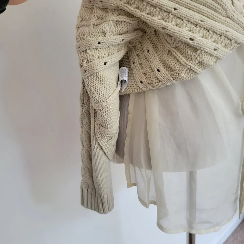 CAbi Cable Knit Sweater Cream Lace Up Mixed Media Cotton 3157 Women XS